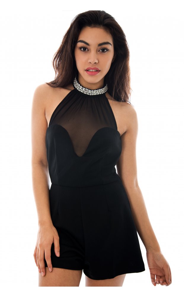 Diamante Backless Mesh Front Playsuit In Black