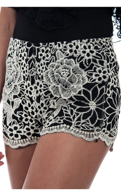 Black Daisy Print Lace Shorts