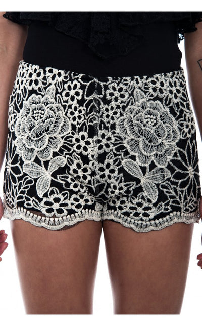Black Daisy Print Lace Shorts
