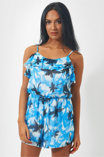 Palm Print Frill Playsuit In Blue