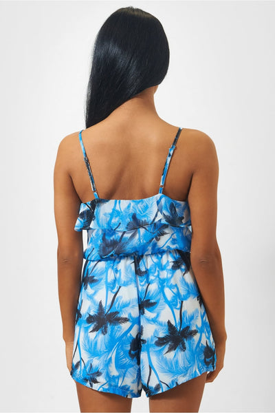 Palm Print Frill Playsuit In Blue