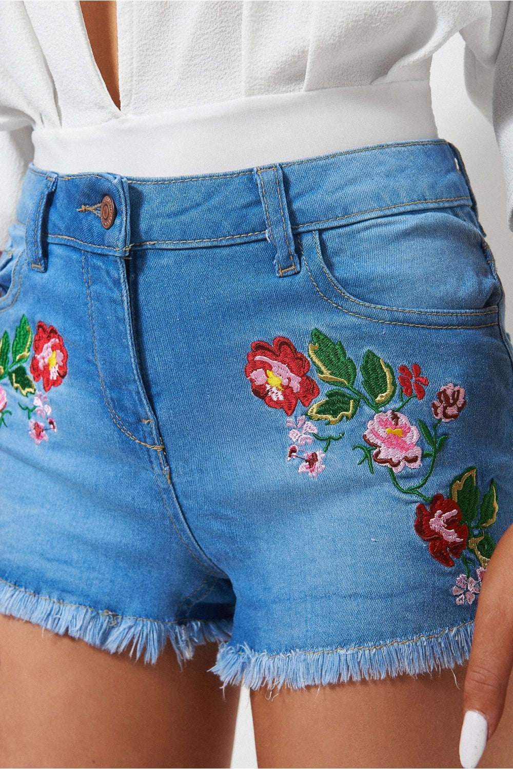 Mimi Embroidered Blue Denim Shorts
