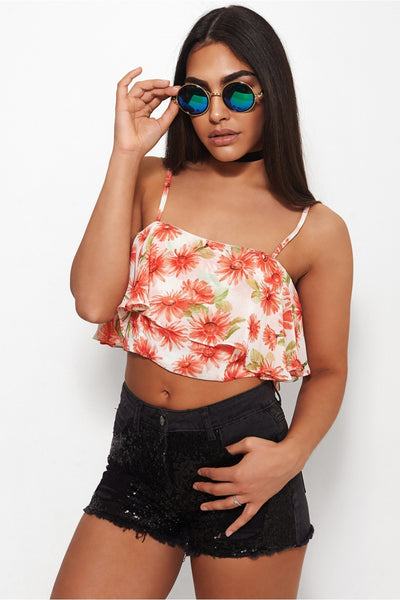 Daisy Floral Print Frill Crop Top