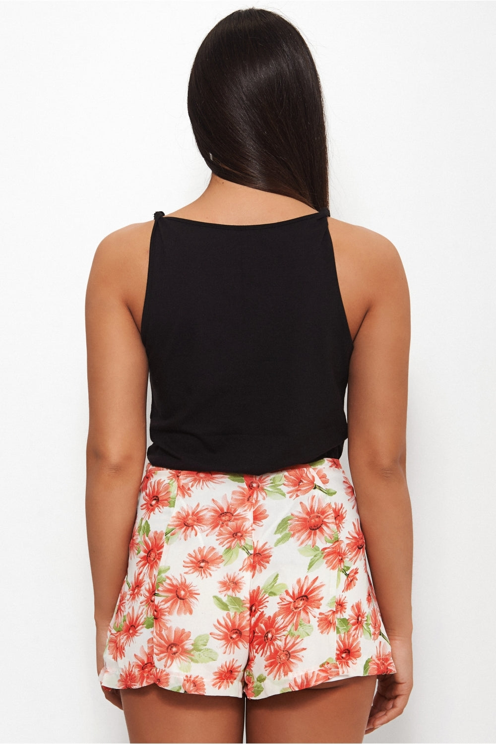 Daisy Red Floral High Waisted Pleated Shorts
