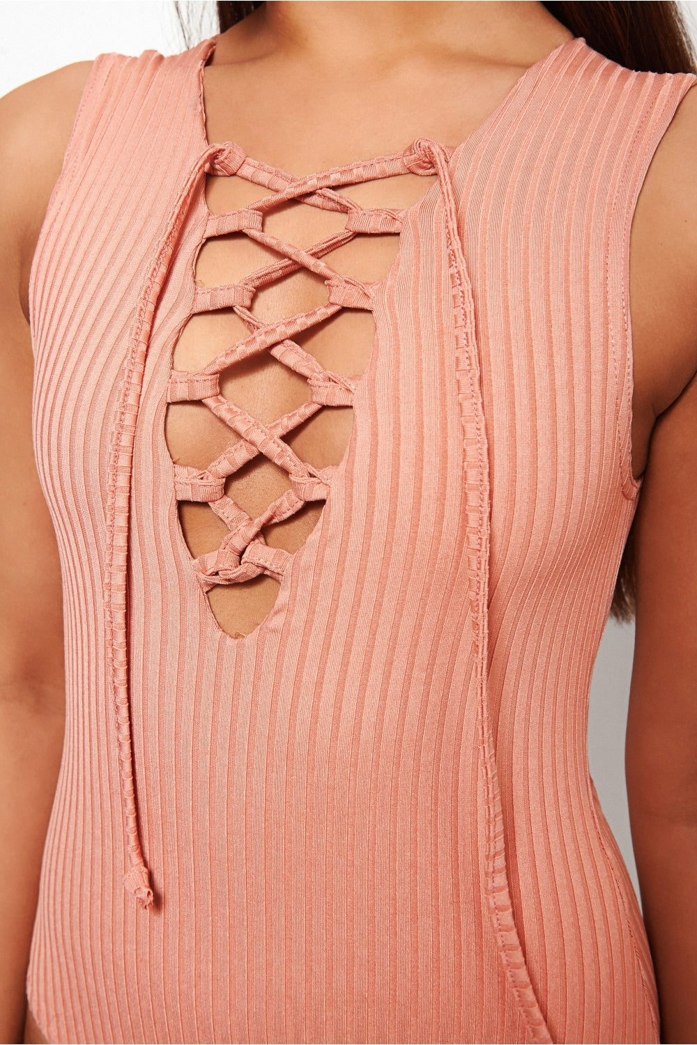 Coral Pink Lace Up Bodysuit