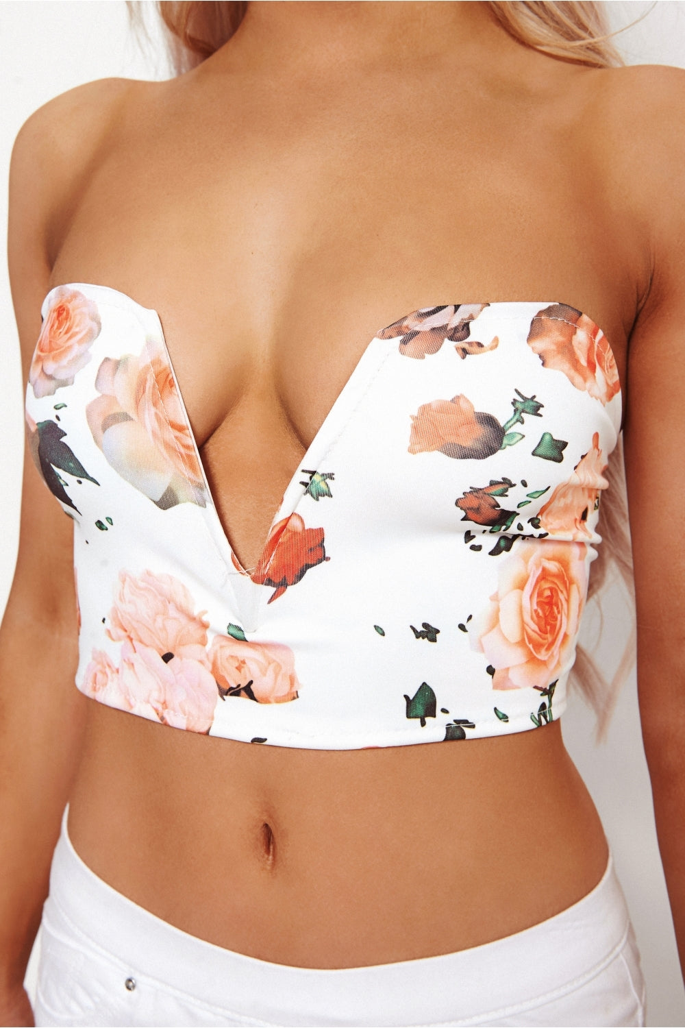 Caisy White Floral V Front Bralet Top