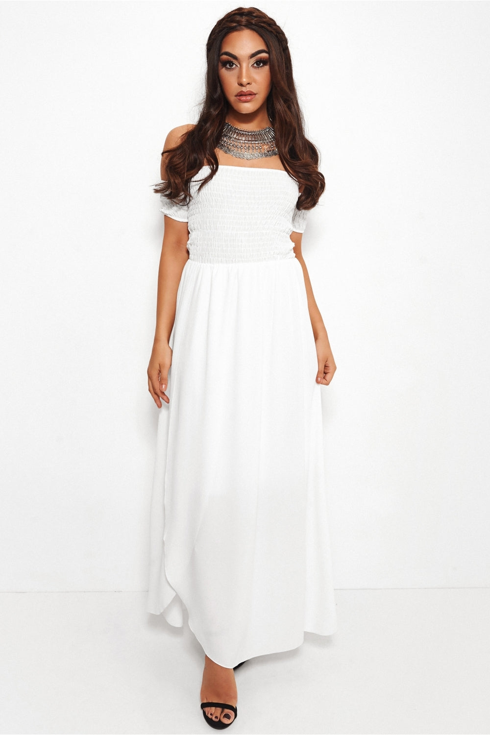 Sissi White Front Split Bardot Dress