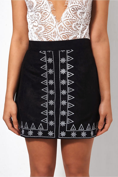 Lilly Black Embroidered Suede Skirt