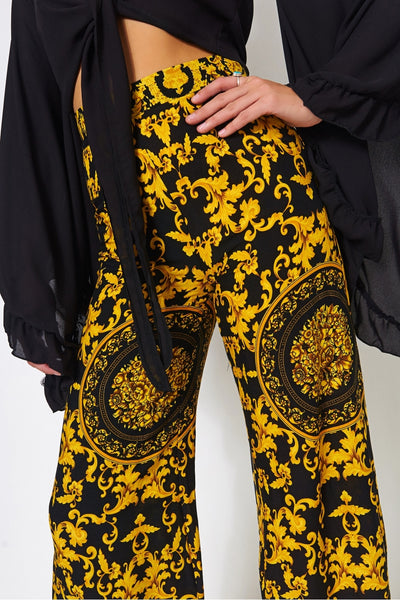 Black & Gold Baroque Print Wide Leg Trousers