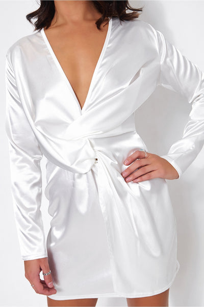 White Satin Twist Front Mini Dress