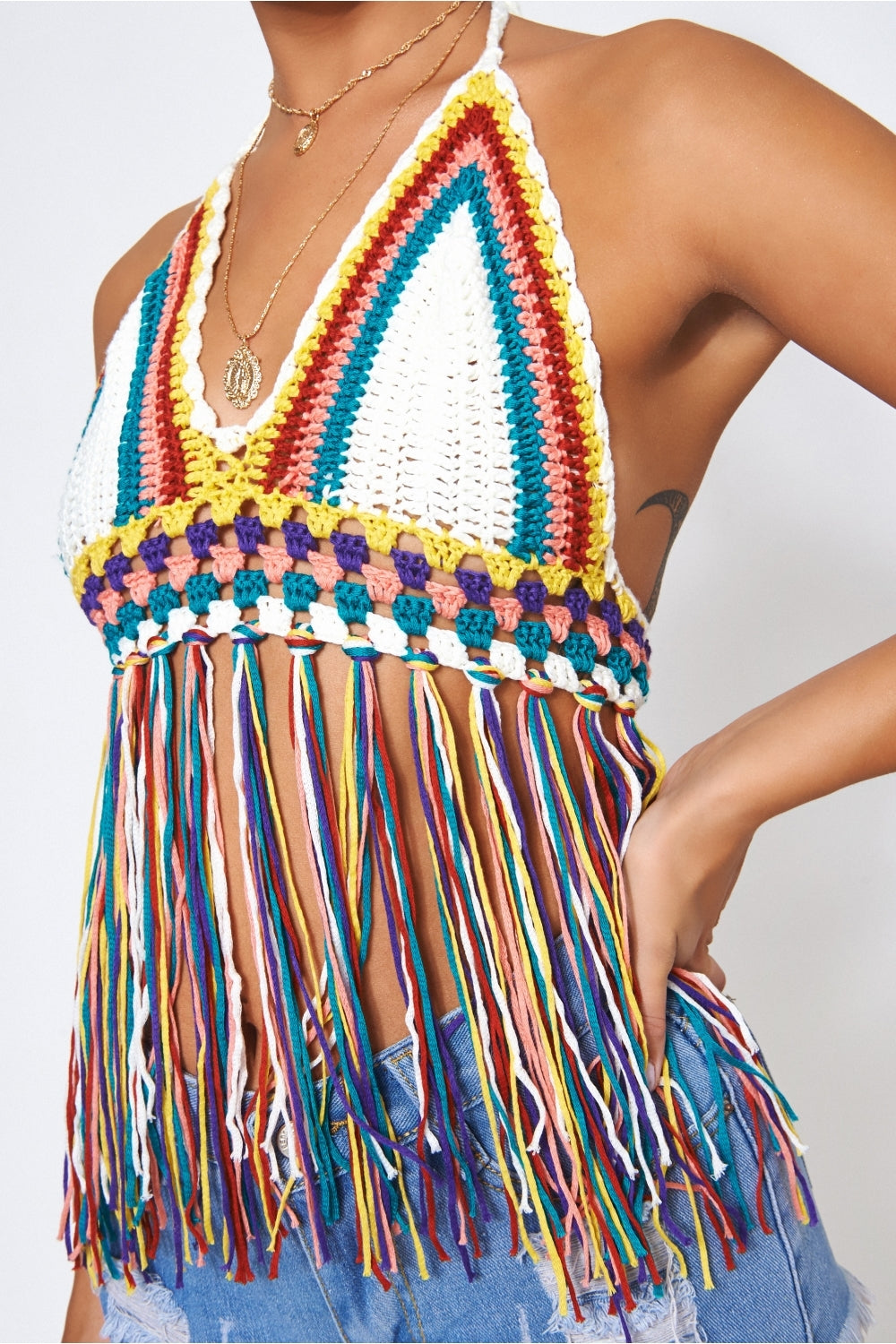 Kali Multicoloured Tassel Crochet Crop Top