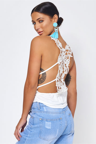 Yasmin White Caged Lace Back Top