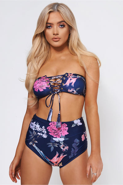 Sabo Navy & Pink Tropical Print Bikini