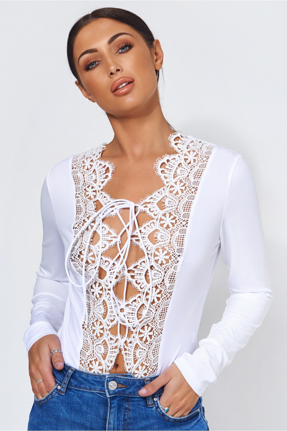 White Crochet Lace Up Bodysuit