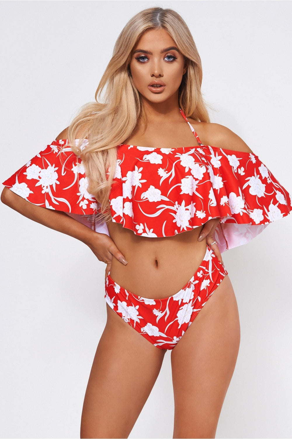 Red Floral Bardot Bikini