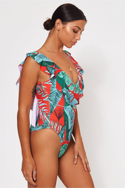 Eloisse Red Tropical Frill Swimsuit