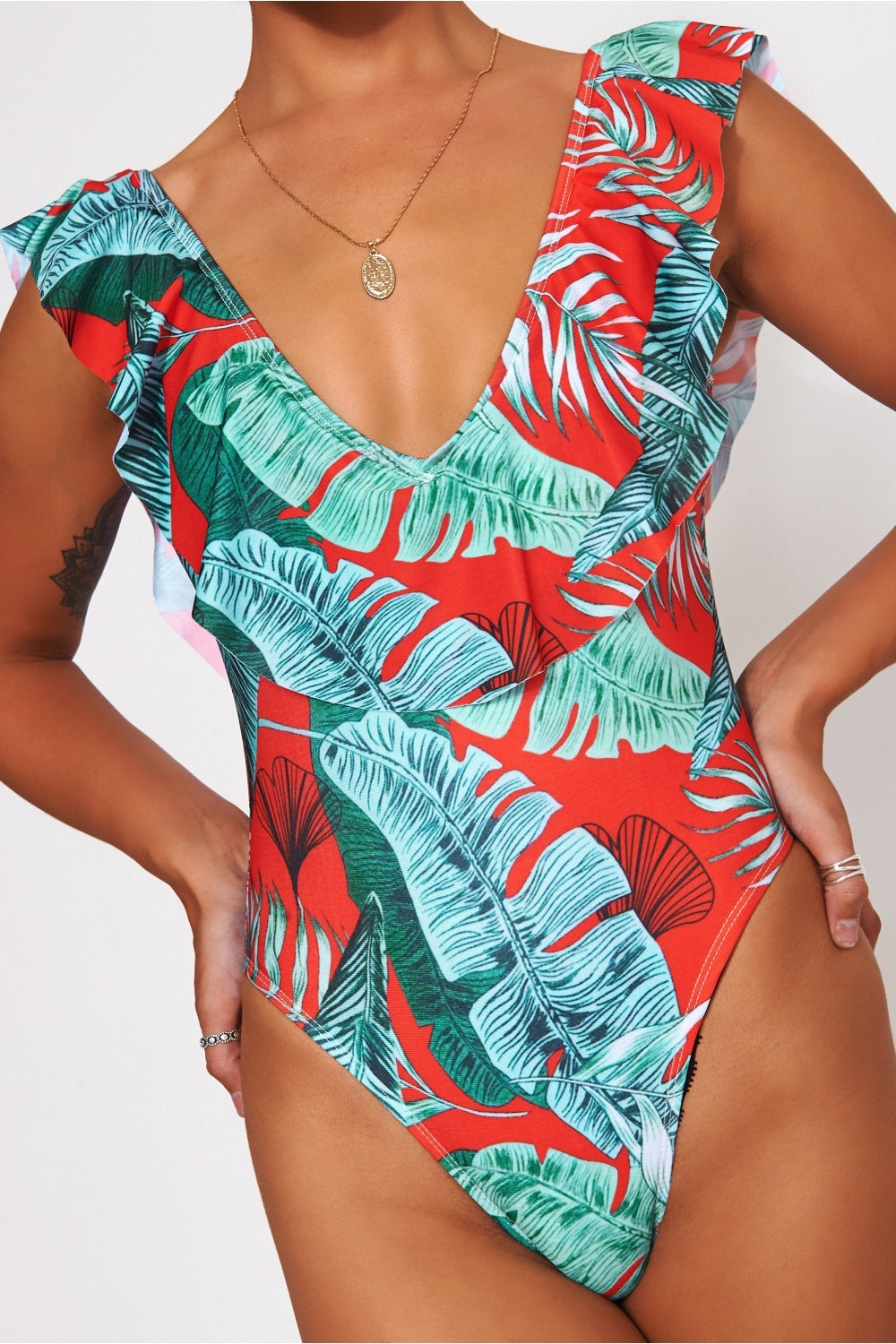 Eloisse Red Tropical Frill Swimsuit