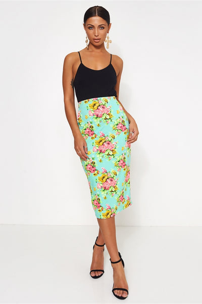 Green & Pink Floral Bodycon Skirt