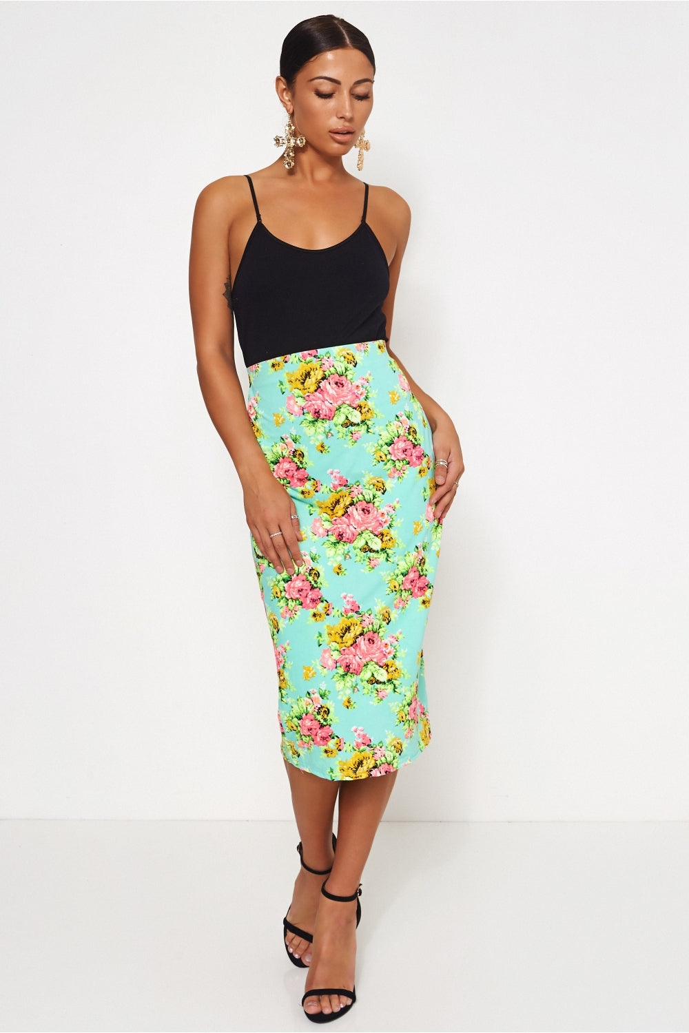 Green & Pink Floral Bodycon Skirt