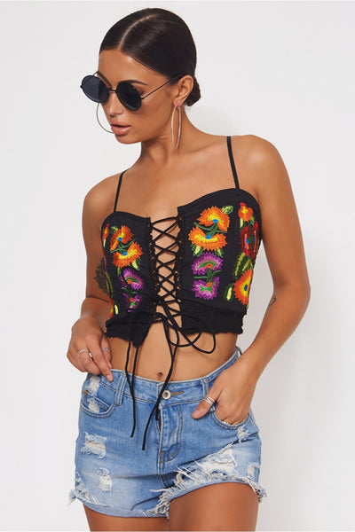 Black Embroidered Lace Up Top