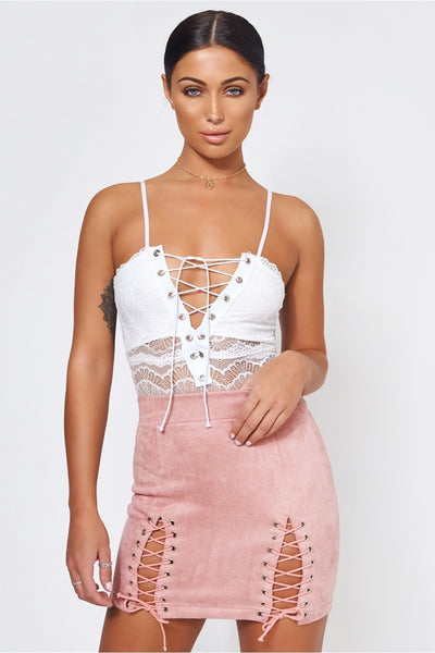 Pink Suede Lace Up Mini Skirt