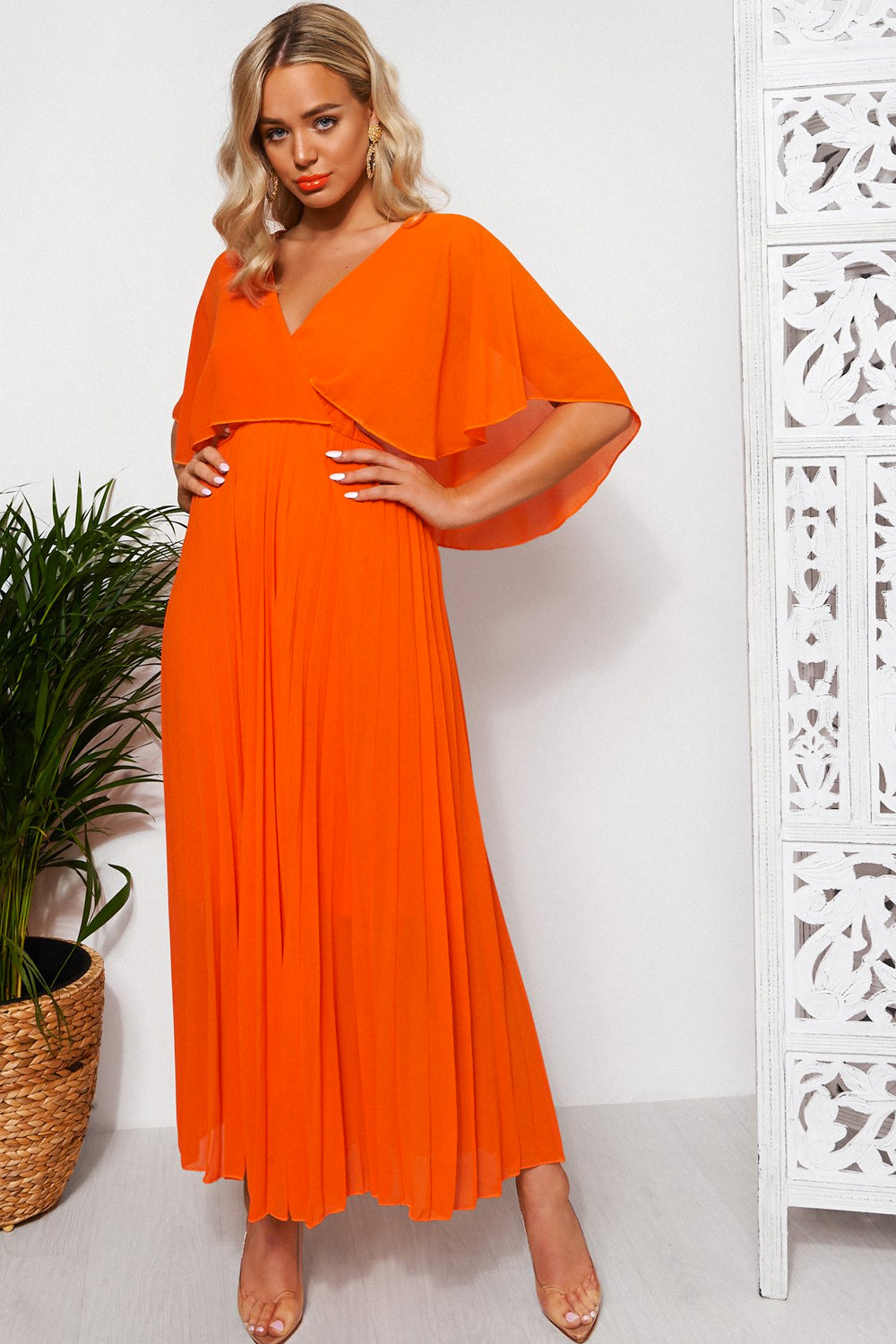 Tama Orange Cape Sleeve Maxi Dress