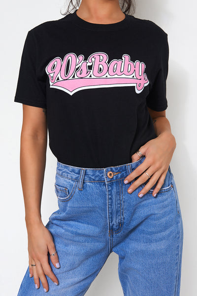 90s Baby Black Oversized Slogan T-Shirt