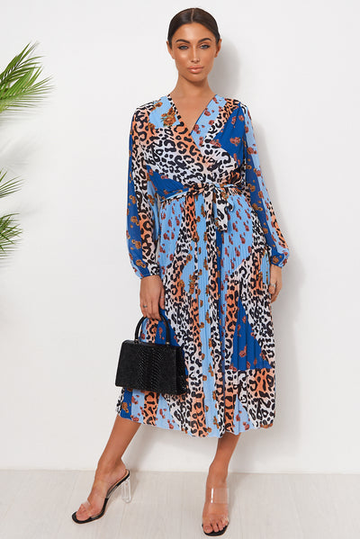Blue Floral Leopard Print Midi Dress