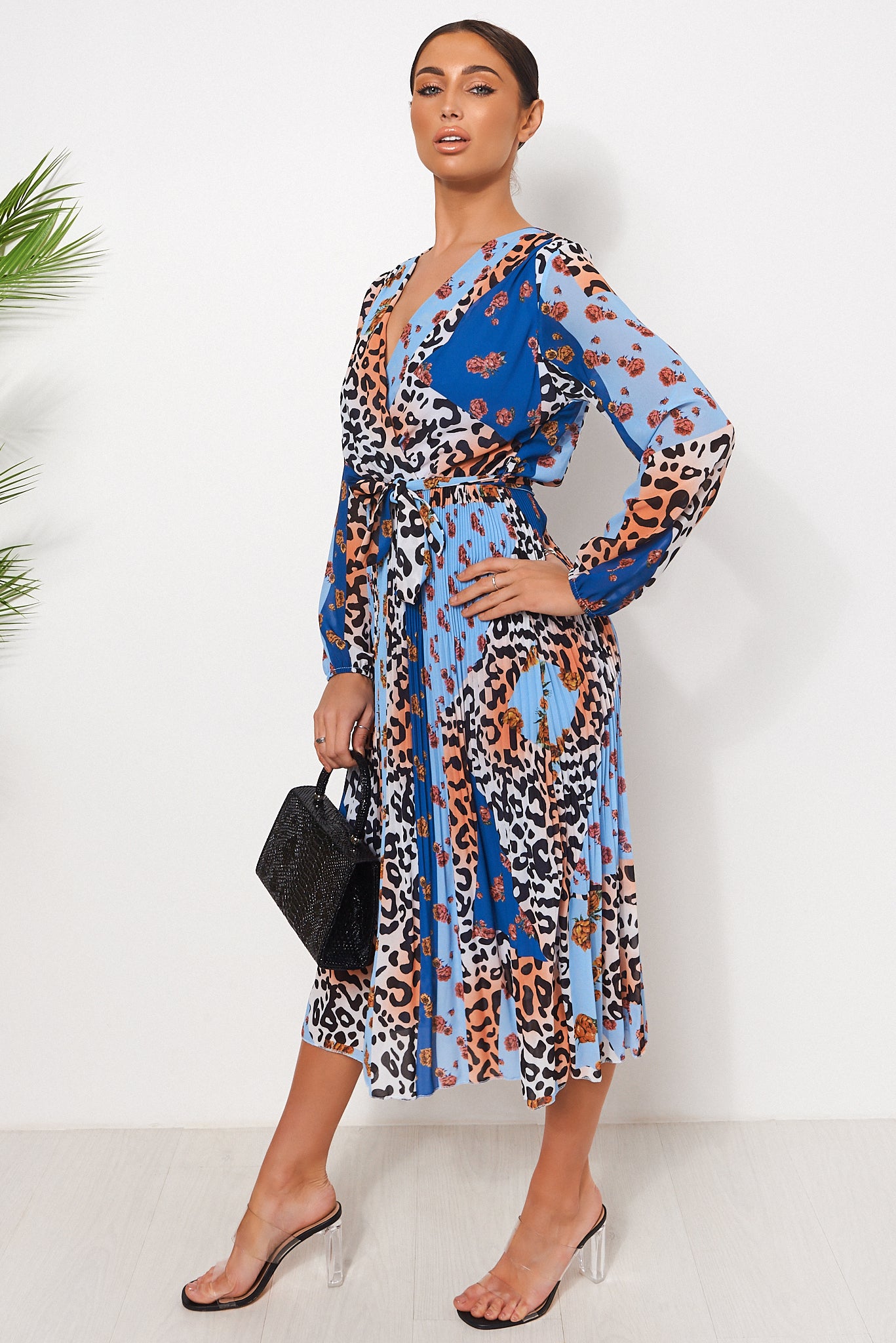 Blue Floral Leopard Print Midi Dress