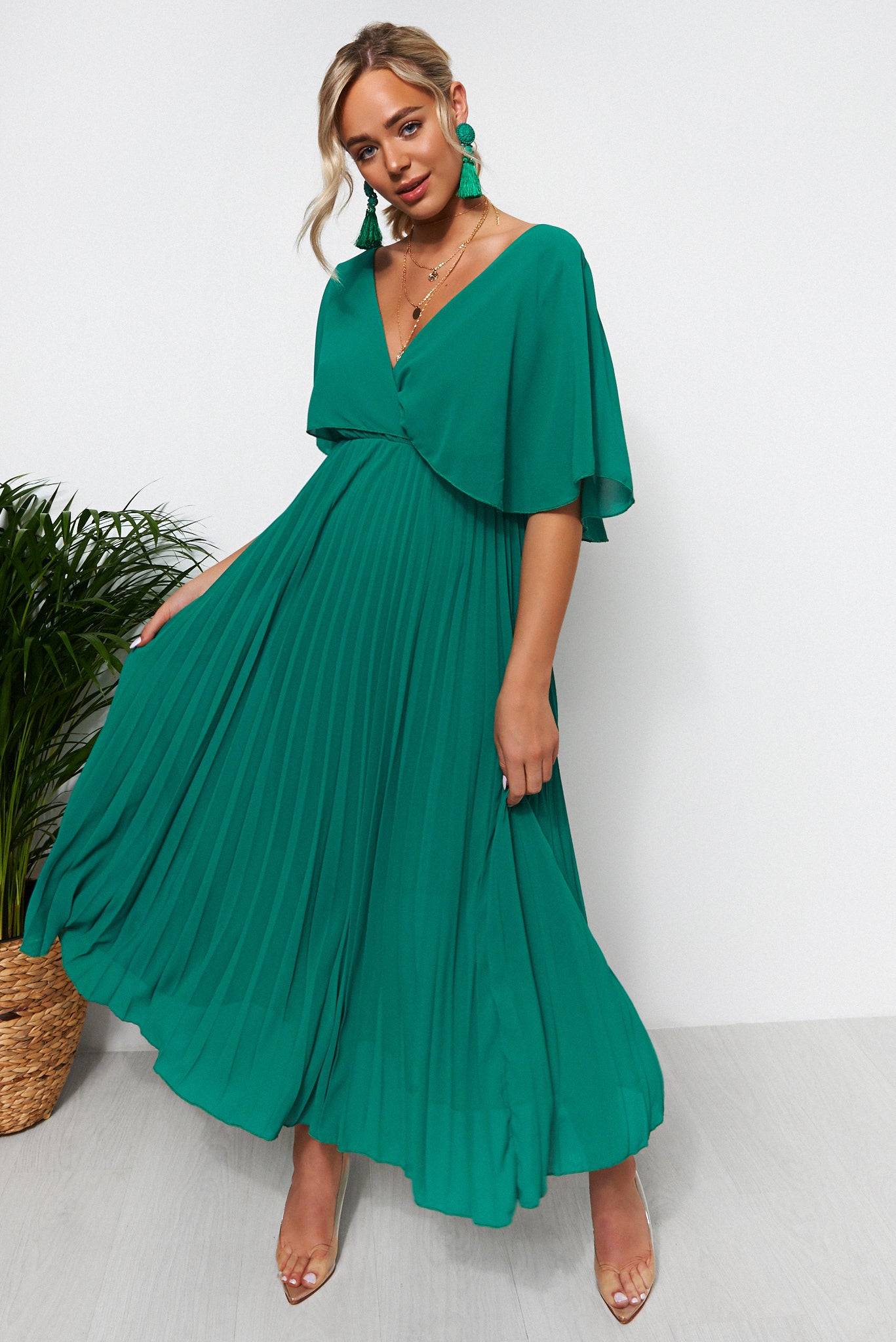 Tama Green Cape Sleeve Maxi Dress