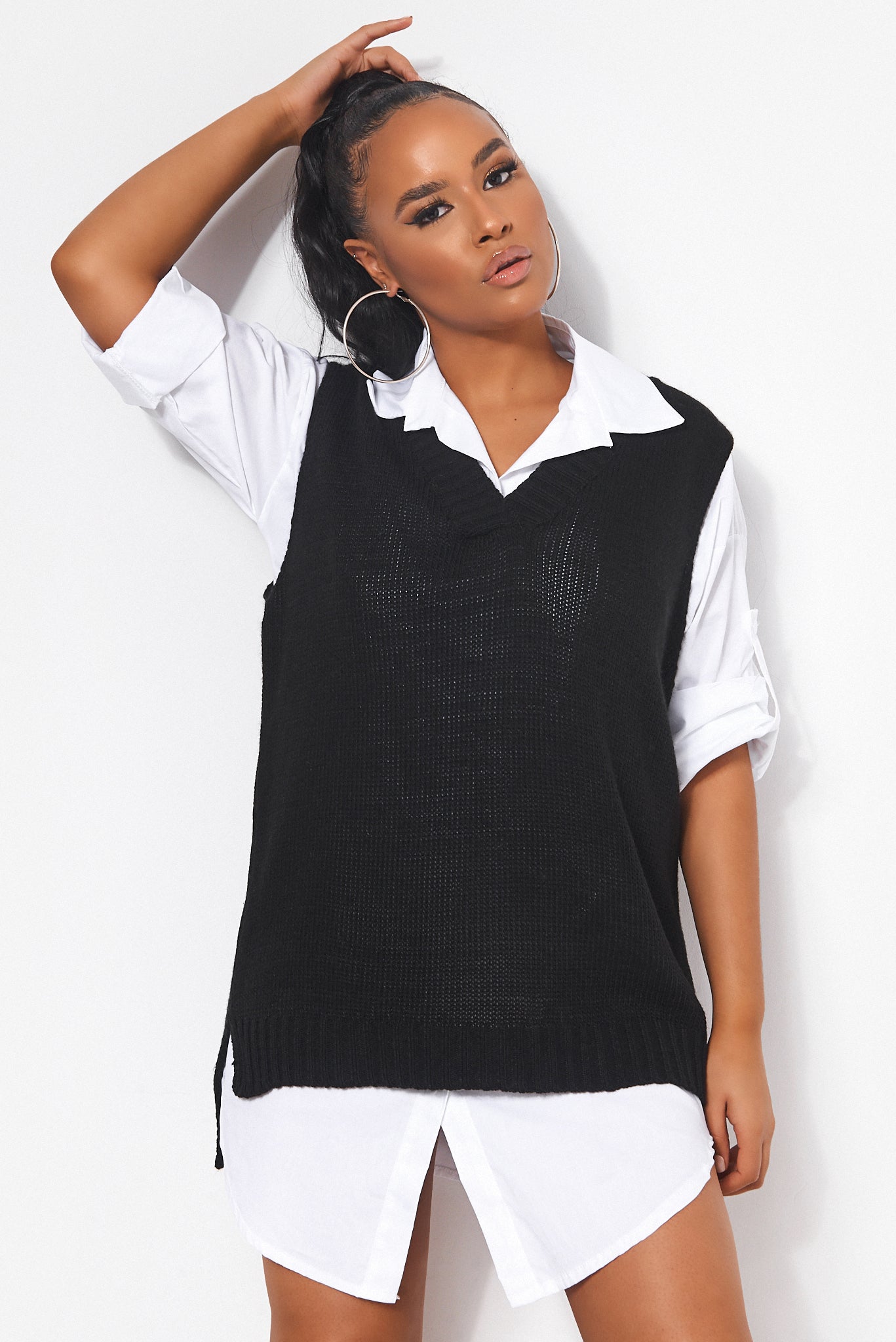 Black V Neck Knitted Vest Top