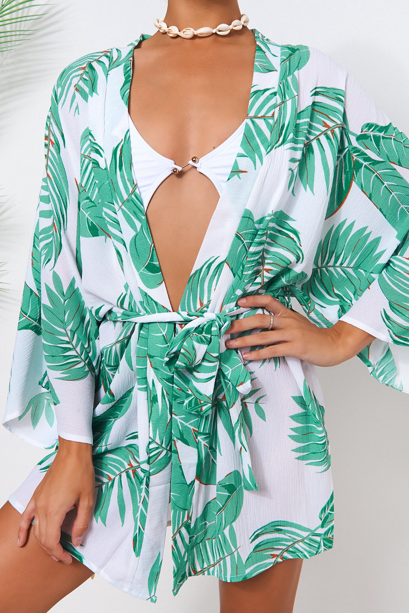 Green & White Palm Print Wrap Kimono