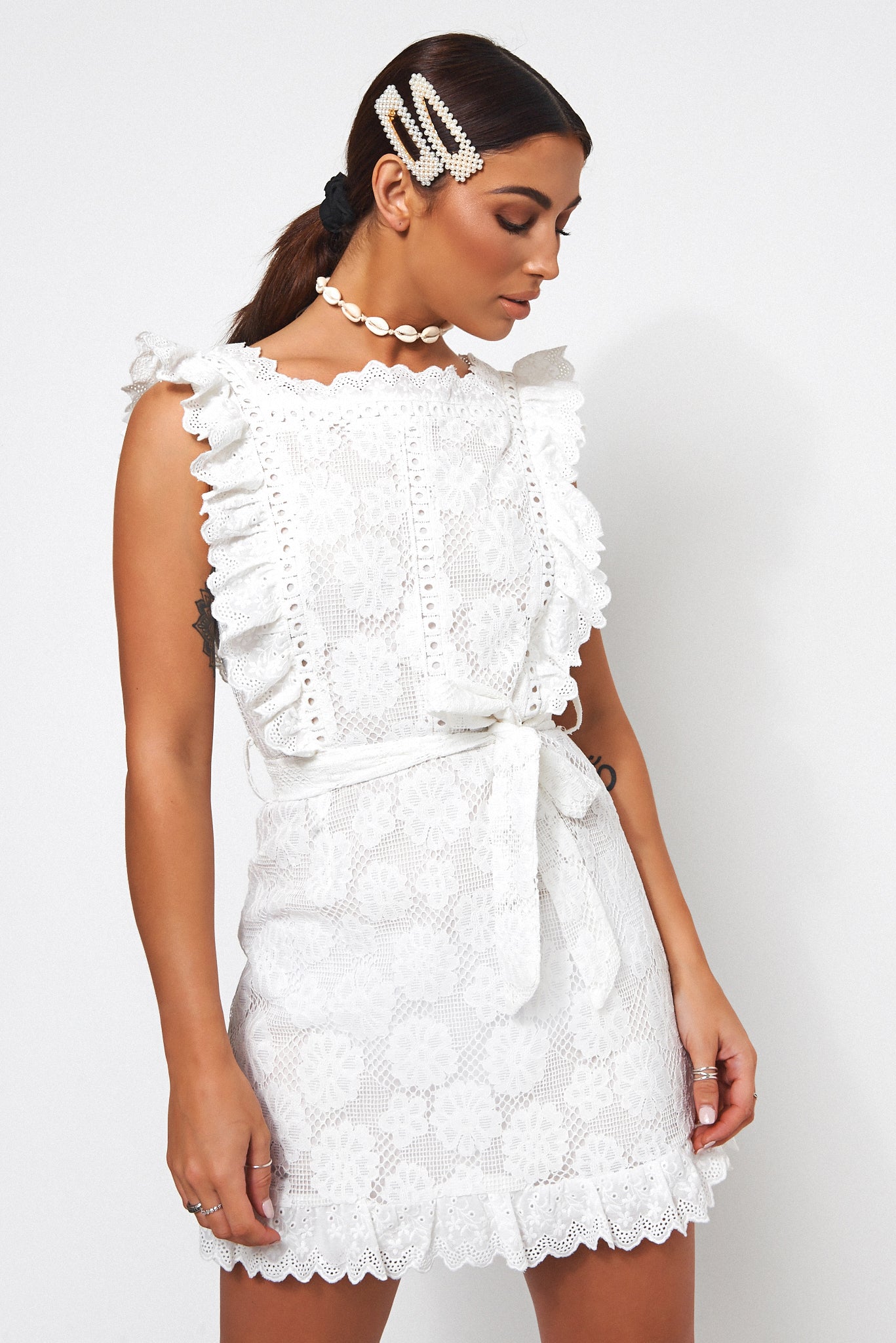 Aras White Lace Frill Dress