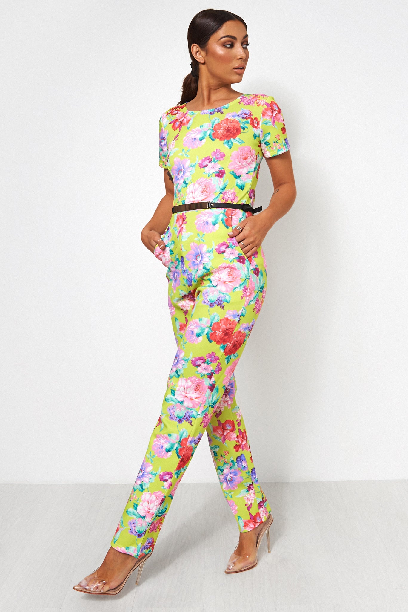 Neon Green Floral Gold Belted Jumpsuit