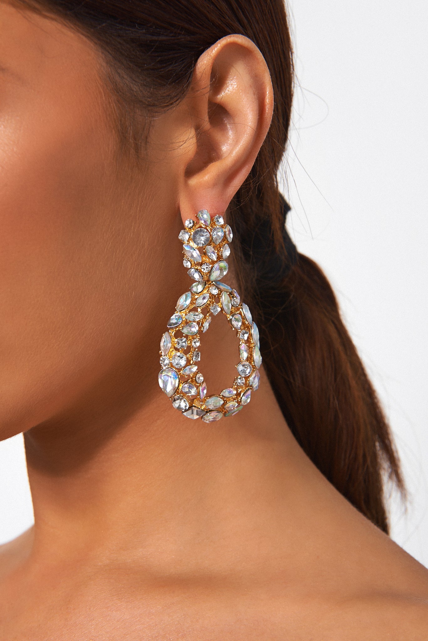 White Crystal Oval Statement Earrings