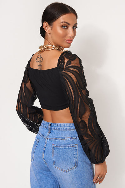 Black Puff Sleeve Lace Crop Top
