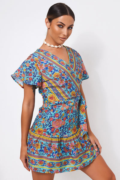 Tiki Turquoise Floral Wrap Dress