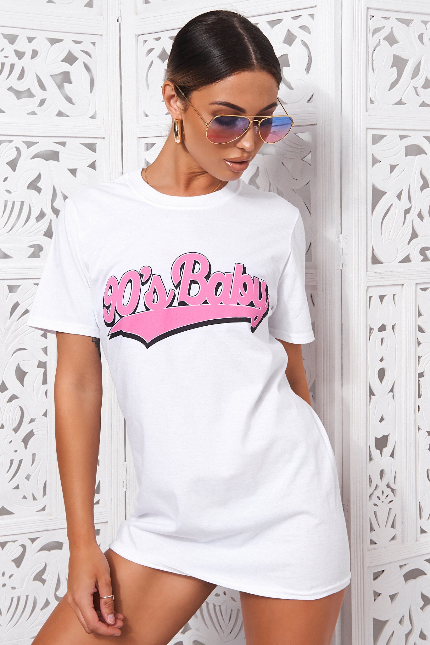 90s Baby White & Pink Oversized Slogan T-Shirt