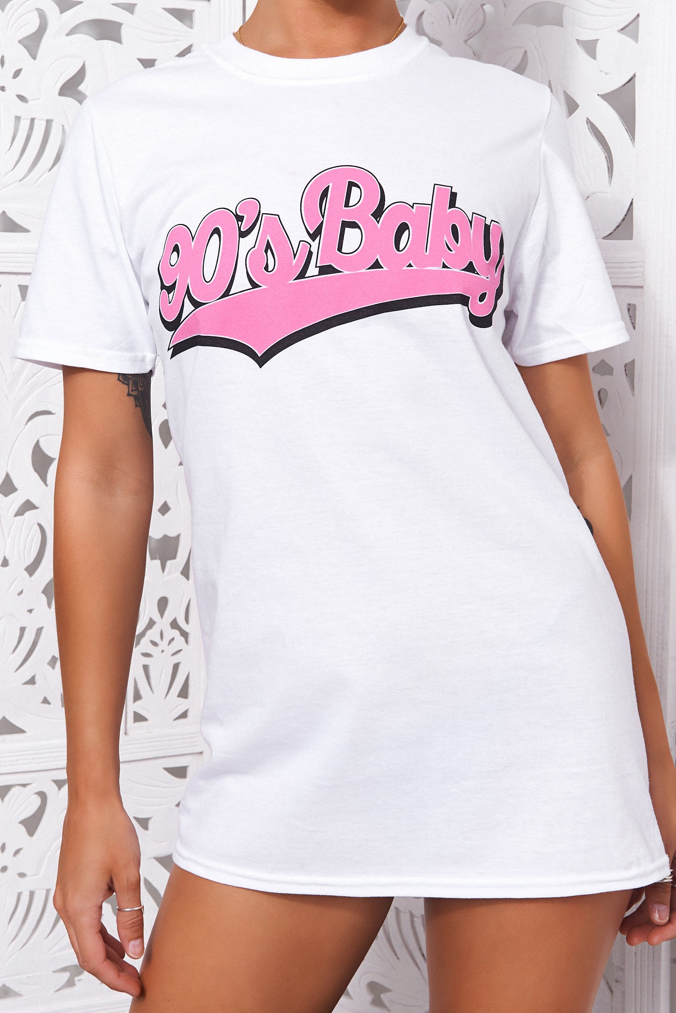 90s Baby White & Pink Oversized Slogan T-Shirt