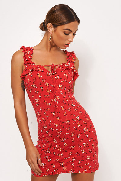 Gia Red Floral Ditsy Print Mini Dress