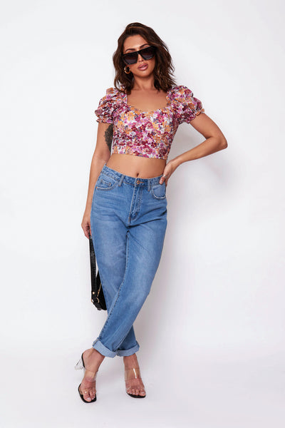 White Floral Puff Sleeve Crop Top