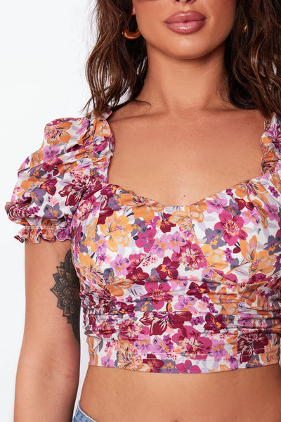 White Floral Puff Sleeve Crop Top