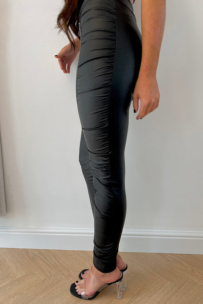 Black Leather Ruched Leggings