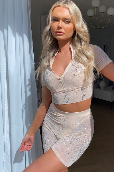 Evie Beige Crystal Diamante Shorts Co-Ord